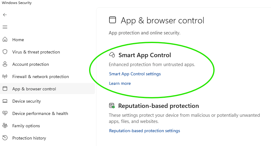 Smart App Control settings