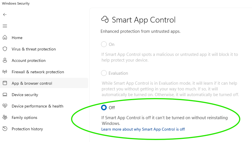 Smart App Control settings