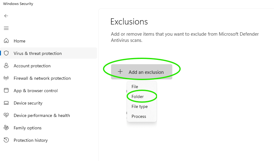 Windows Defender exclusion